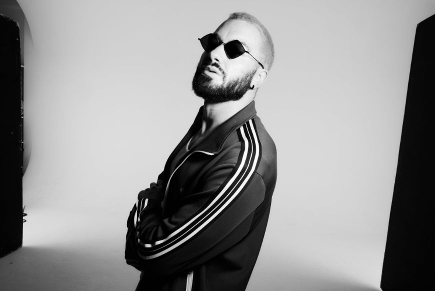 A black and white photo of James Hype